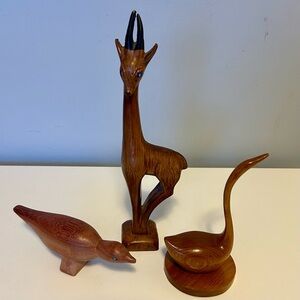 Mid-Century Wood Animal Sculptures 
Gazelle Swan Bird Set of 3